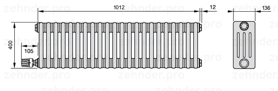 Схема (чертеж) Радиатор Zehnder Charleston 4040/22 №V004 Белый глянцевый RAL 9016